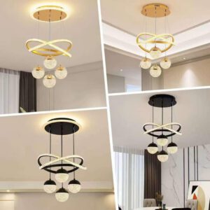 Suspension anneau doré boules cristal LED