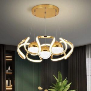Lustre design anneaux dorés et boules blanches